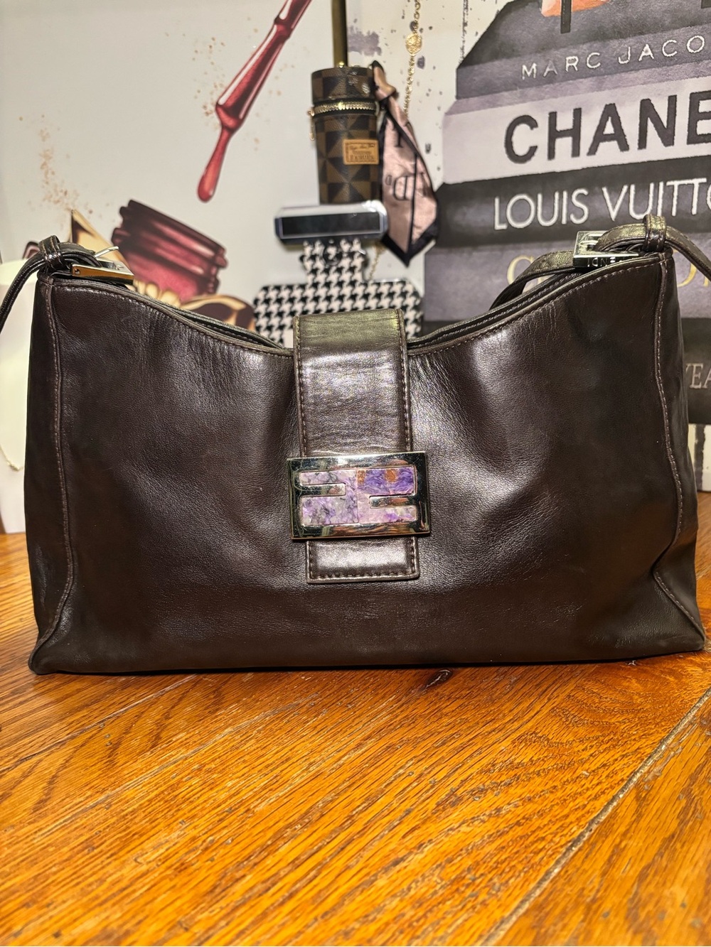 Fendi Vintage Brown Lambskin Leather Rare Purple Marble FF Buckle Shoulder Bag